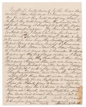 (CIVIL WAR--MARYLAND.) David F. Smith. Letter describing the Louisiana Tigers ransacking a Maryland store and desecrating flags.                 